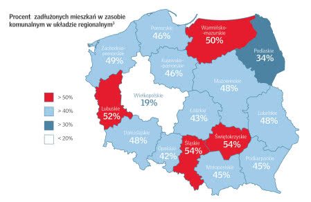 Odsetek zadłużonych mieszkań w polskich województwach. Odsetek zadłużonych mieszkań w polskich województwach.