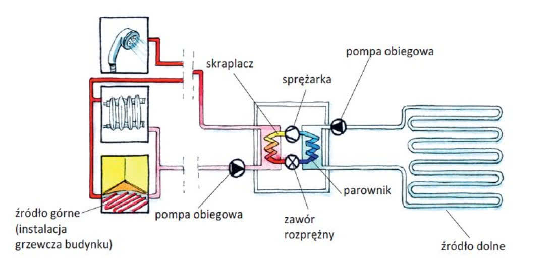 Zasada działania pompy ciepła z dolnym źródłem ciepła. rys. budujemydom.pl Zasada działania pompy ciepła z dolnym źródłem ciepła. rys. budujemydom.pl